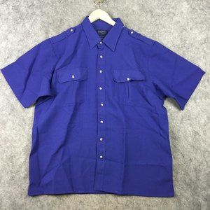 John Blair Men Shirt L Short Sleeve Button Up Shoulder Pockets Linen Look Purple